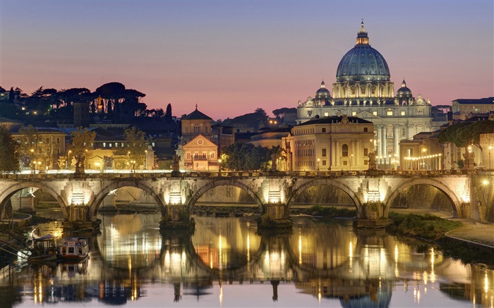 로마, 고딕, 올드 타운, 도시, 조명, 다리, 강 배경 화면 그림