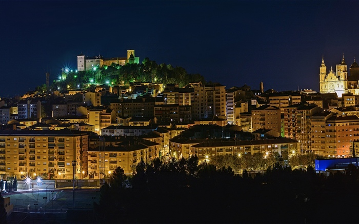 스페인, 아라곤, 조명, 밤, 도시, 건물 배경 화면 그림