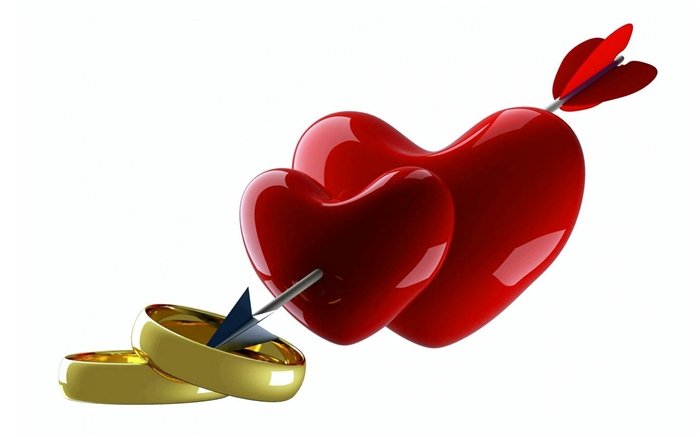 두 개의 빨간 사랑의 마음, 화살, 반지 배경 화면 그림