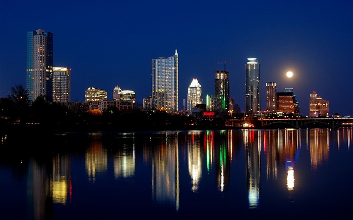 오스틴, 미국, 도시의 밤, 고층 빌딩, 조명, 강, 달 배경 화면 그림