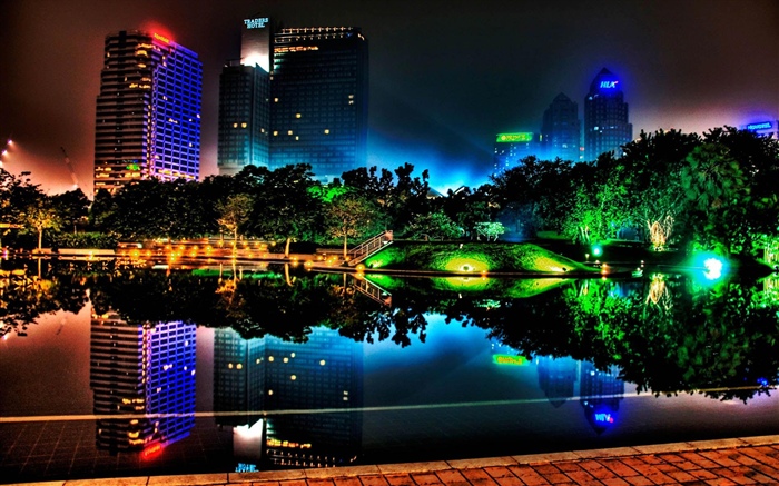 아름다운 밤 도시, 건물, 연못, 조명, 나무, 공원 배경 화면 그림