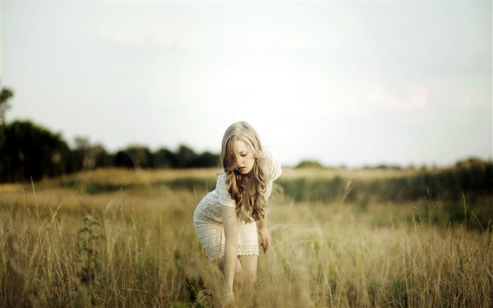 금발 소녀, 잔디, 여름 배경 화면 그림