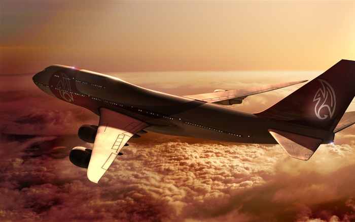 보잉 747 비행기, 구름, 태양 배경 화면 그림