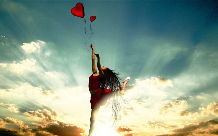 춤추는 소녀, 붉은 치마, 사랑하는 마음, 구름, 태양 광선 배경 화면 그림