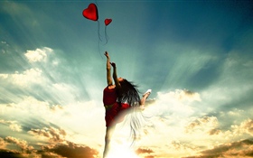 춤추는 소녀, 붉은 치마, 사랑하는 마음, 구름, 태양 광선 HD 배경 화면