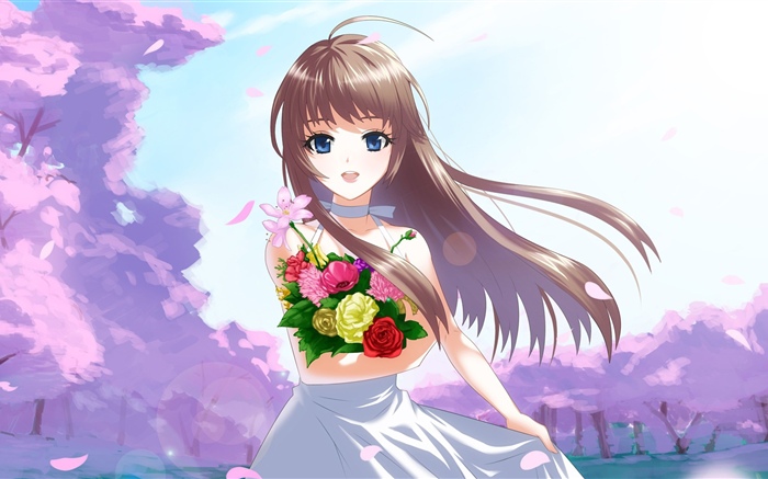행복 한 애니메이션 소녀, 꽃, 바람 배경 화면 그림