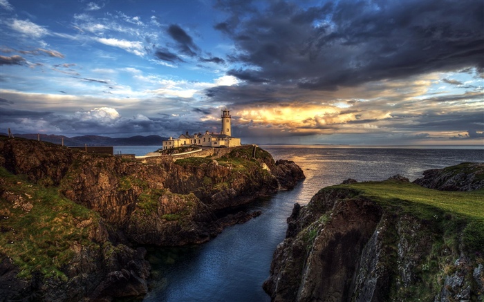 아일랜드, 등 대, 바다, 바위, 일몰 배경 화면 그림