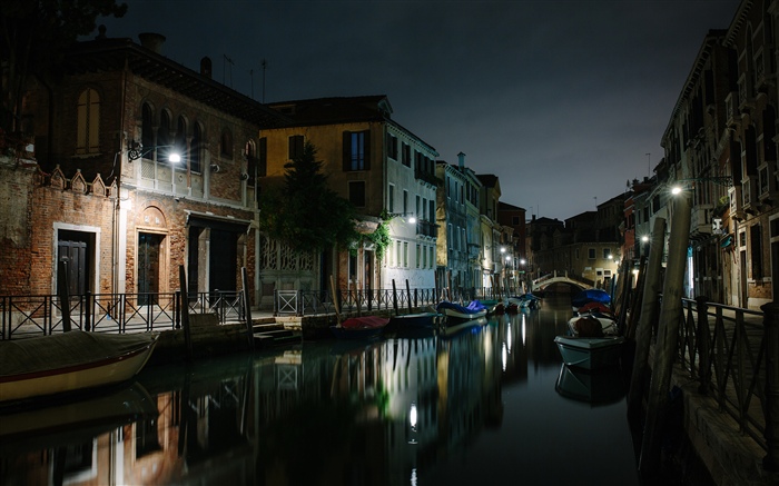베니스, 이탈리아, 강, 주택, 다리, 밤 배경 화면 그림