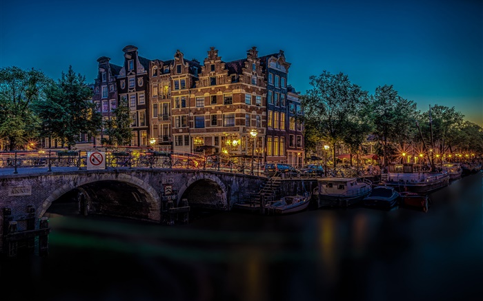 암스테르담, 네덜란드, 다리, 강, 조명, 밤 배경 화면 그림
