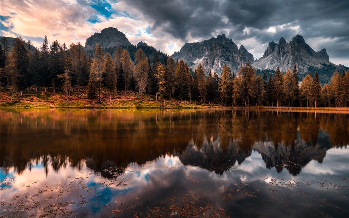 가을, 호수, 산, 구름 배경 화면 그림