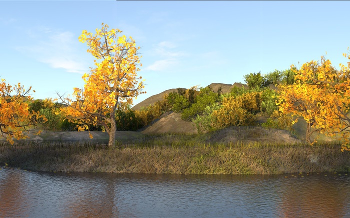 가을, 연못, 나무, 노란 잎 배경 화면 그림