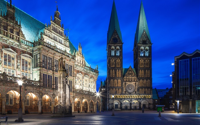 독일, 브레멘, 도시, 밤, 조명 배경 화면 그림