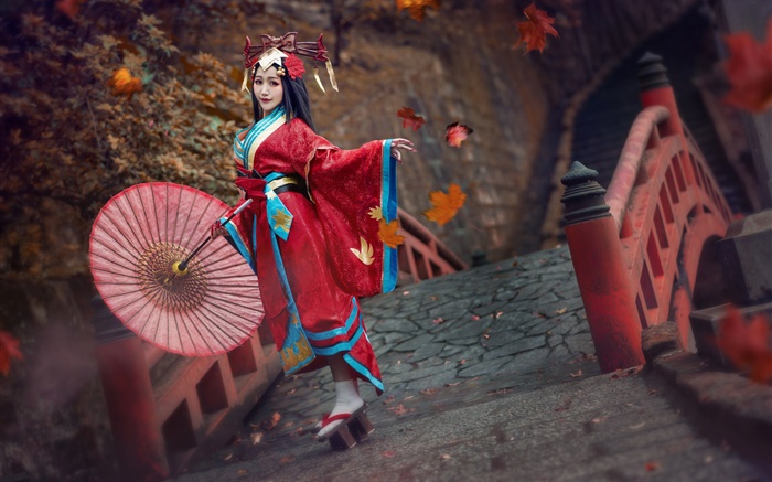 빨간 드레스 일본 소녀, 기모노, 포즈 배경 화면 그림