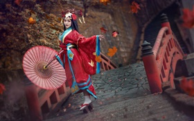 빨간 드레스 일본 소녀, 기모노, 포즈 HD 배경 화면