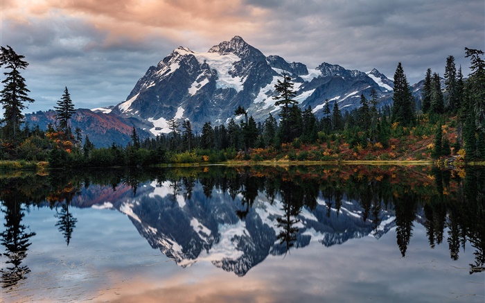 USA, Shuksan 산, 호수, 나무, 물 반사 배경 화면 그림