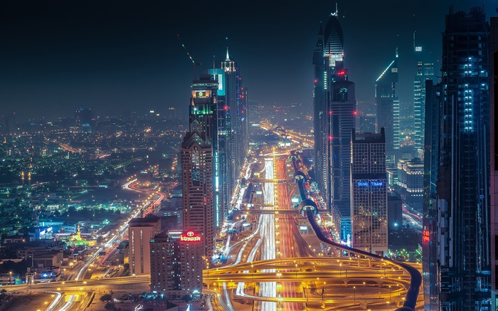 두바이, 고층 빌딩, 도로, 조명, 밤 배경 화면 그림