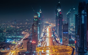 두바이, 고층 빌딩, 도로, 조명, 밤