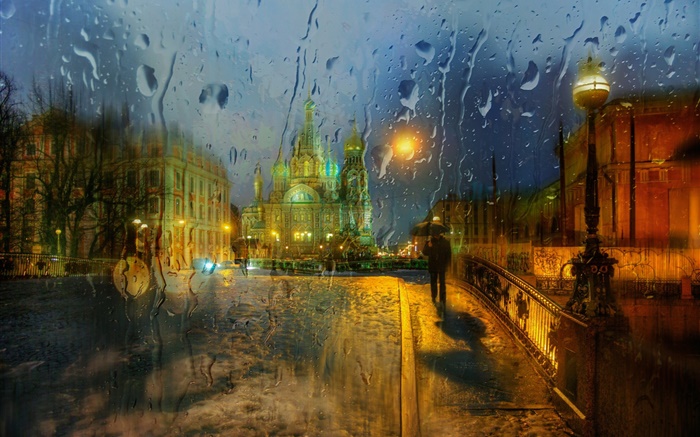 상트페테르부르크, 유리, 물방울, 비, 밤, 도시 배경 화면 그림